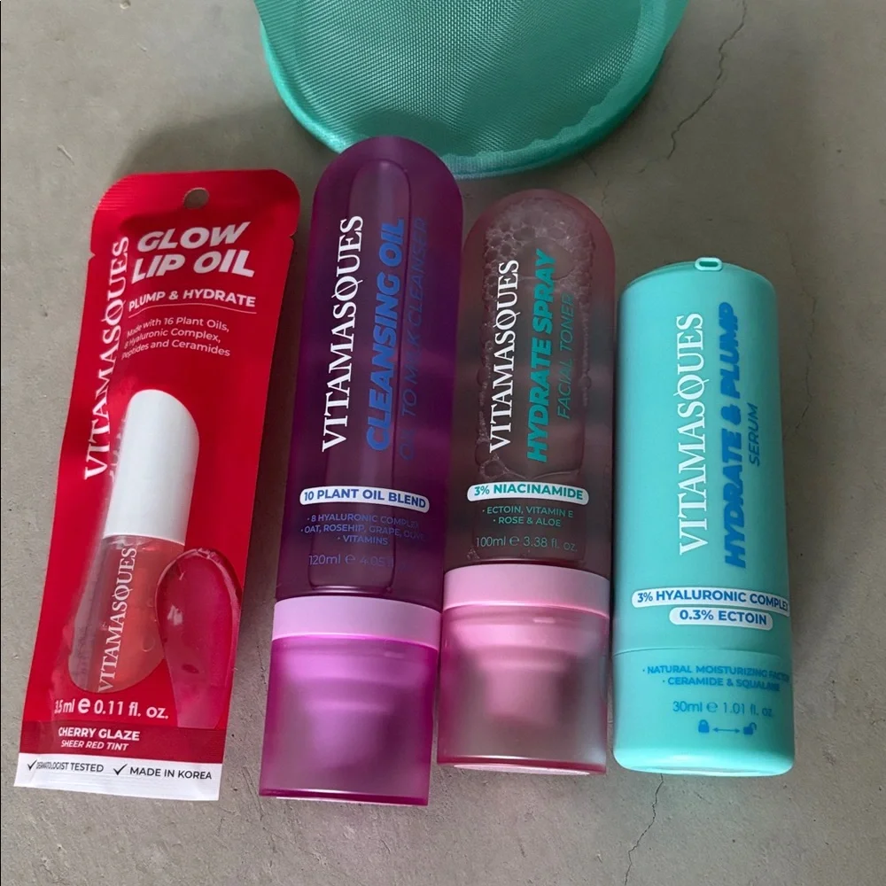 New Sealed KBeauty Vitamasques Bundle: cleanser, toner, serum, lip oil & bag